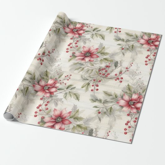 ヴィンテージクリスマスレッドポインセチアタータンチェック、デコページ ラッピングペーパー (アンロールド)