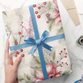 ヴィンテージクリスマスレッドポインセチアタータンチェック、デコページ ラッピングペーパー