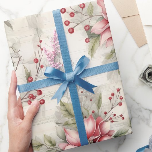 ヴィンテージクリスマスレッドポインセチアタータンチェック、デコページ ラッピングペーパー