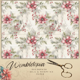 ヴィンテージクリスマスレッドポインセチアタータンチェック、デコページ 薄葉紙