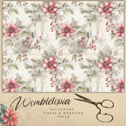 ヴィンテージクリスマスレッドポインセチアタータンチェック、デコページ 薄葉紙