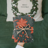 ヴィンテージクリスマスレッドポインセチア模様 ラッピングペーパーシート