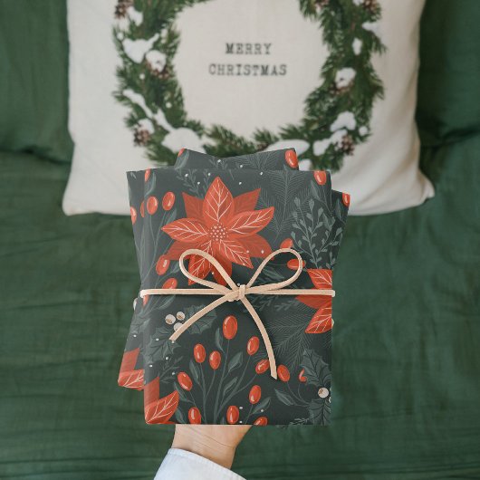 ヴィンテージクリスマスレッドポインセチア模様 ラッピングペーパーシート