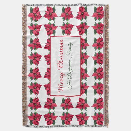 ヴィンテージクリスマスレッドポインセティアスパターン スローブランケット (正面縦)