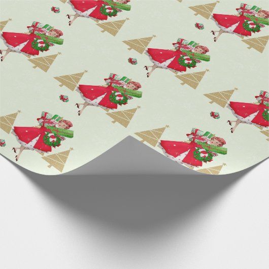 ヴィンテージクリスマスレディプレゼントレッドグリーン金ゴールド ラッピングペーパー (角)