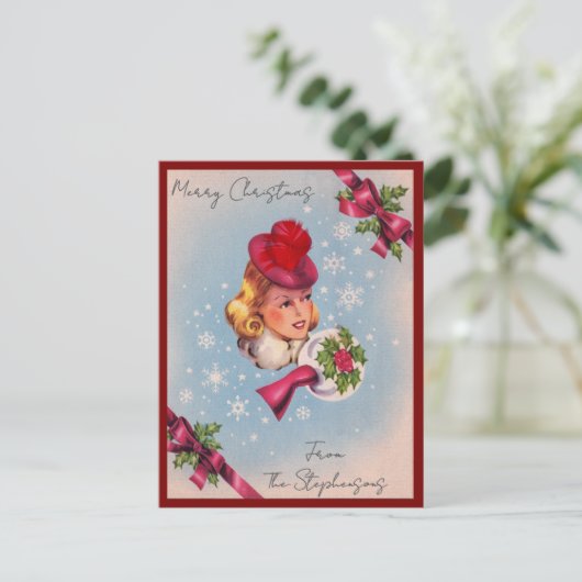 ヴィンテージクリスマスレディ名前をカスタムするはがき ポストカード (スタンド正面)