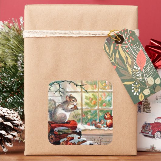 ヴィンテージクリスマスレトロ動物の休日のシール スクエアシール (クリスマス)