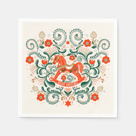 ヴィンテージクリスマスロッキングホースイラストレーションポステ スタンダードカクテルナプキン (正面)