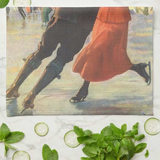 ヴィンテージクリスマスロマンティックカップル氷スケートで滑る キッチンタオル (折り畳み)