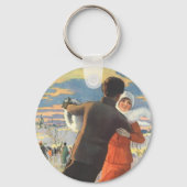 ヴィンテージクリスマスロマンティックカップル氷スケートで滑る キーホルダー (正面)