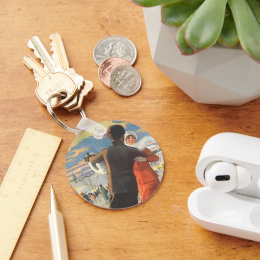 ヴィンテージクリスマスロマンティックカップル氷スケートで滑る キーホルダー (デスク)