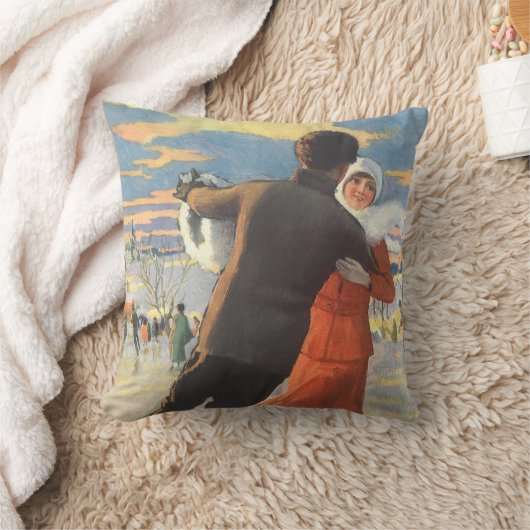 ヴィンテージクリスマスロマンティックカップル氷スケートで滑る クッション (ブランケット)