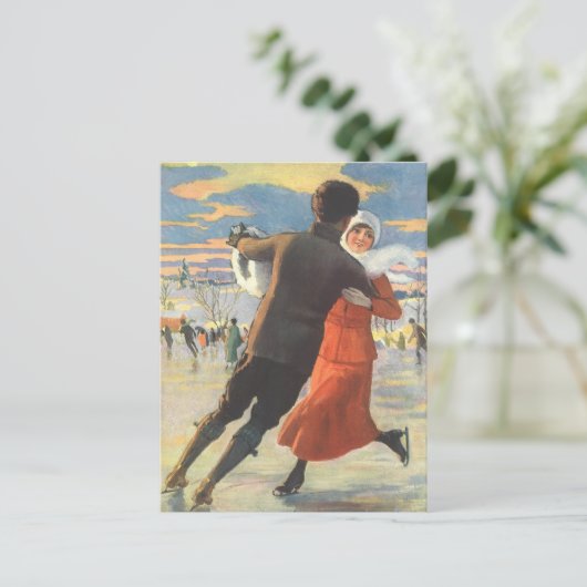 ヴィンテージクリスマスロマンティックカップル氷スケートで滑る シーズンポストカード (スタンド正面)