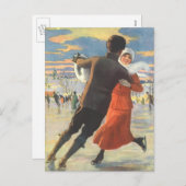 ヴィンテージクリスマスロマンティックカップル氷スケートで滑る シーズンポストカード (正面/裏面)