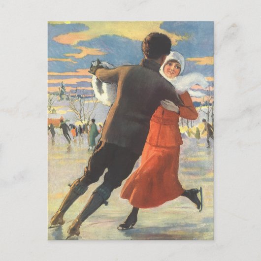 ヴィンテージクリスマスロマンティックカップル氷スケートで滑る シーズンポストカード (正面)