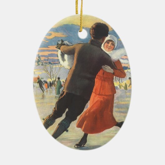 ヴィンテージクリスマスロマンティックカップル氷スケートで滑る セラミックオーナメント (裏面)