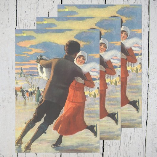 ヴィンテージクリスマスロマンティックカップル氷スケートで滑る ラッピングペーパーシート