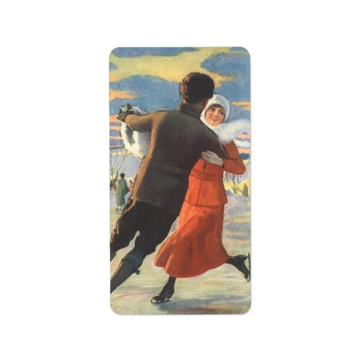 ヴィンテージクリスマスロマンティックカップル氷スケートで滑る ラベル (正面)