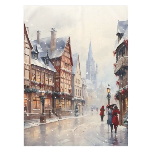 ヴィンテージクリスマスヴィレッジ通りホリデイ テーブルクロス (正面)