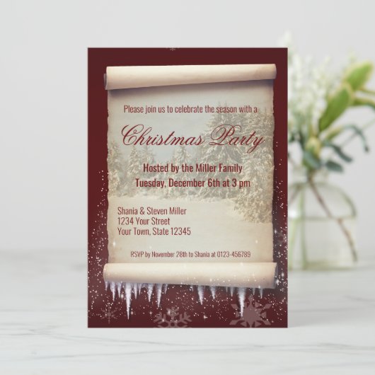 ヴィンテージクリスマス冬のスクロール氷柱スノーフレーク 招待状 (スタンド正面)