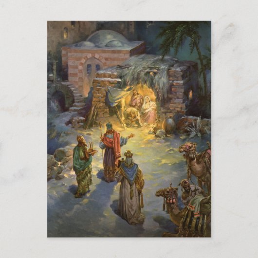 ヴィンテージクリスマス出生とVisiting Magi シーズンポストカード (正面)