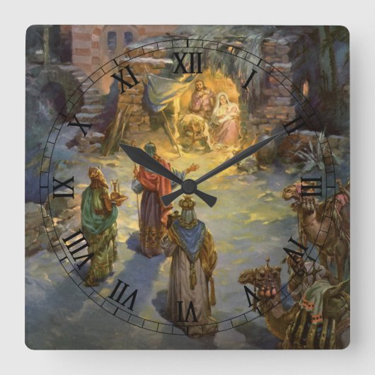 ヴィンテージクリスマス出生とVisiting Magi スクエア壁時計 (正面)
