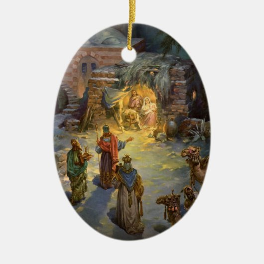ヴィンテージクリスマス出生とVisiting Magi セラミックオーナメント (正面)