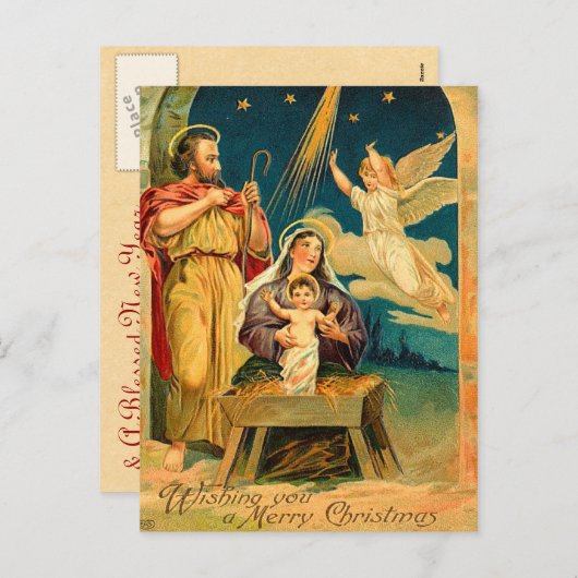 ヴィンテージクリスマス出生シーン シーズンポストカード (正面/裏面)