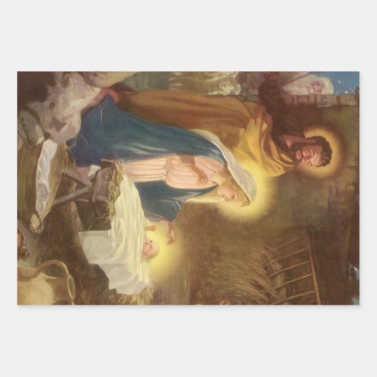 ヴィンテージクリスマス出生，マリヨセフベビーイエス ラッピングペーパーシート (正面3)