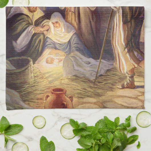 ヴィンテージクリスマス出生、3羊飼いとイエス キッチンタオル (折り畳み)