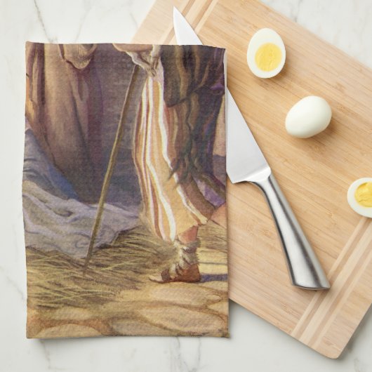 ヴィンテージクリスマス出生、3羊飼いとイエス キッチンタオル (四つ折り)