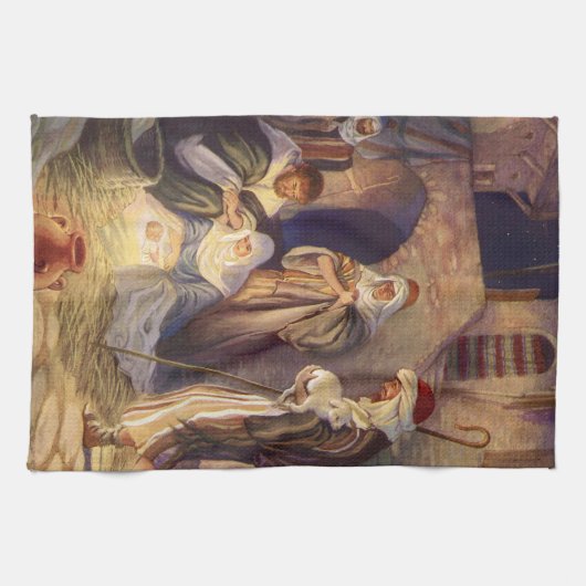 ヴィンテージクリスマス出生、3羊飼いとイエス キッチンタオル (横)