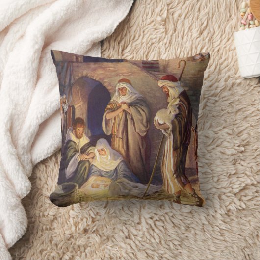 ヴィンテージクリスマス出生、3羊飼いとイエス クッション (ブランケット)