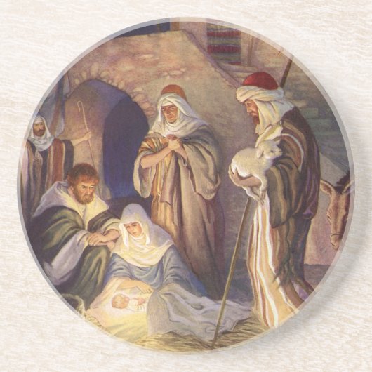 ヴィンテージクリスマス出生、3羊飼いとイエス コースター (正面)