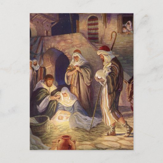 ヴィンテージクリスマス出生、3羊飼いとイエス シーズンポストカード (正面)