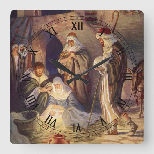 ヴィンテージクリスマス出生、3羊飼いとイエス スクエア壁時計 (正面)