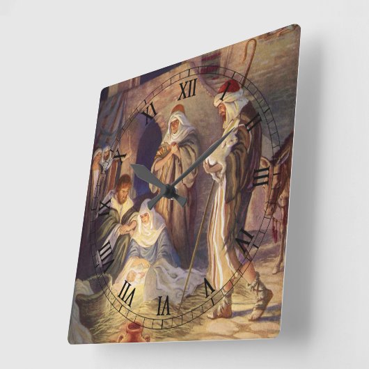 ヴィンテージクリスマス出生、3羊飼いとイエス スクエア壁時計 (傾斜)