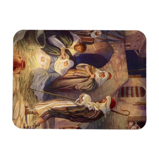 ヴィンテージクリスマス出生、3羊飼いとイエス マグネット (横)