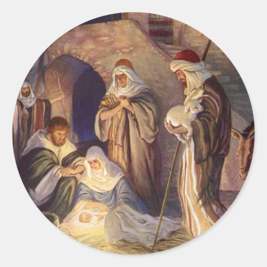 ヴィンテージクリスマス出生、3羊飼いとイエス ラウンドシール (正面)