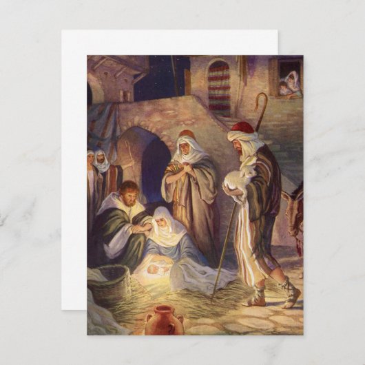 ヴィンテージクリスマス出生、3羊飼いとイエス 招待状 (正面/裏面)