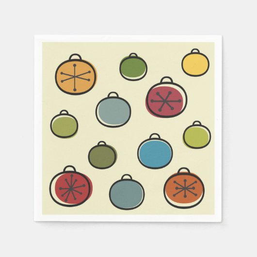 ヴィンテージクリスマス原子時代カラフルオーナメント スタンダードカクテルナプキン (正面)