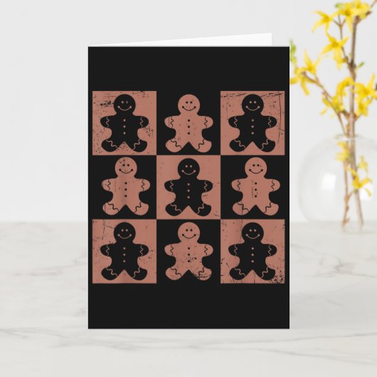 ヴィンテージクリスマス女性男性ジンジャーブレッドレトロチェック カード (黄色い花)