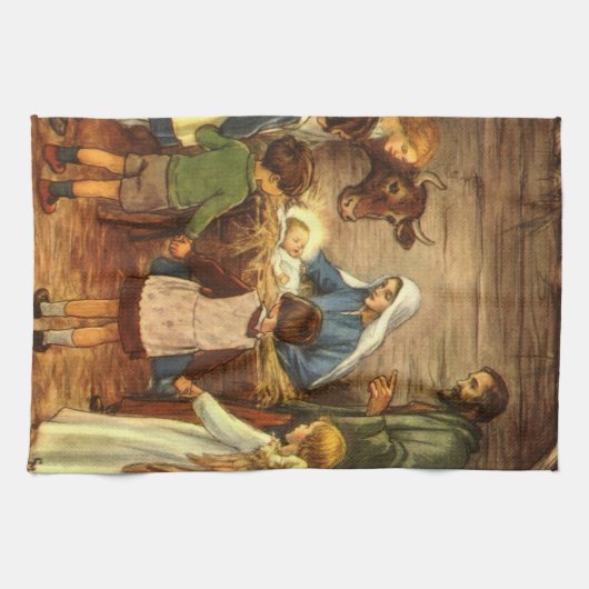 ヴィンテージクリスマス宗教的出生wベビーイエス キッチンタオル (横)