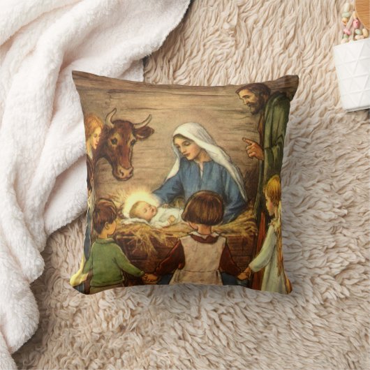 ヴィンテージクリスマス宗教的出生wベビーイエス クッション (ブランケット)