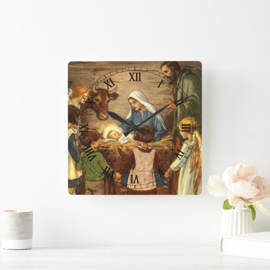 ヴィンテージクリスマス宗教的出生wベビーイエス スクエア壁時計 (ホーム)