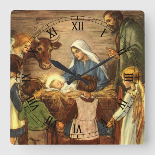 ヴィンテージクリスマス宗教的出生wベビーイエス スクエア壁時計 (正面)