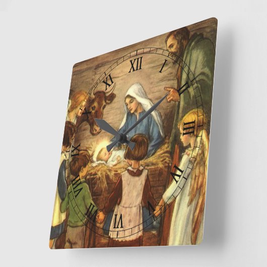 ヴィンテージクリスマス宗教的出生wベビーイエス スクエア壁時計 (傾斜)