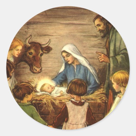 ヴィンテージクリスマス宗教的出生wベビーイエス ラウンドシール (正面)