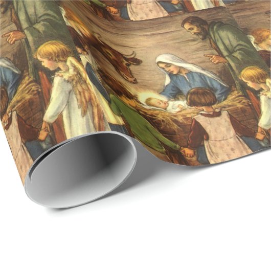 ヴィンテージクリスマス宗教的出生wベビーイエス ラッピングペーパー (ロールコーナー)