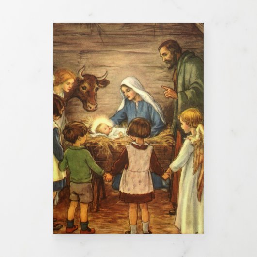 ヴィンテージクリスマス宗教的出生wベビーイエス 三つ折りクリスマスカード (カバー)